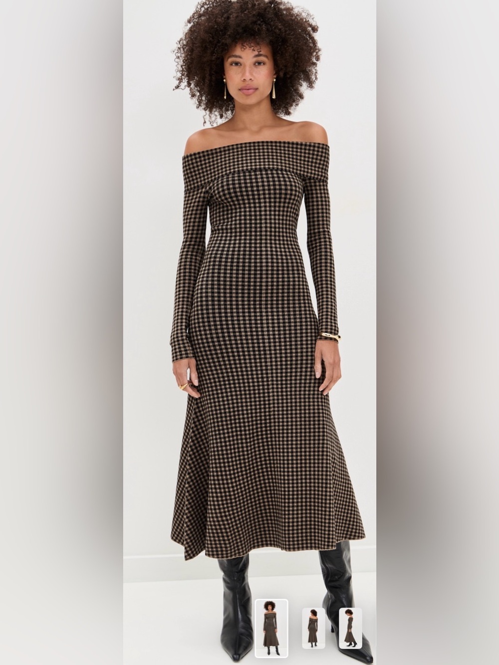 Le Bop Off-the-Shoulder Long Sleeve Check Midi Dress in Black and Tan